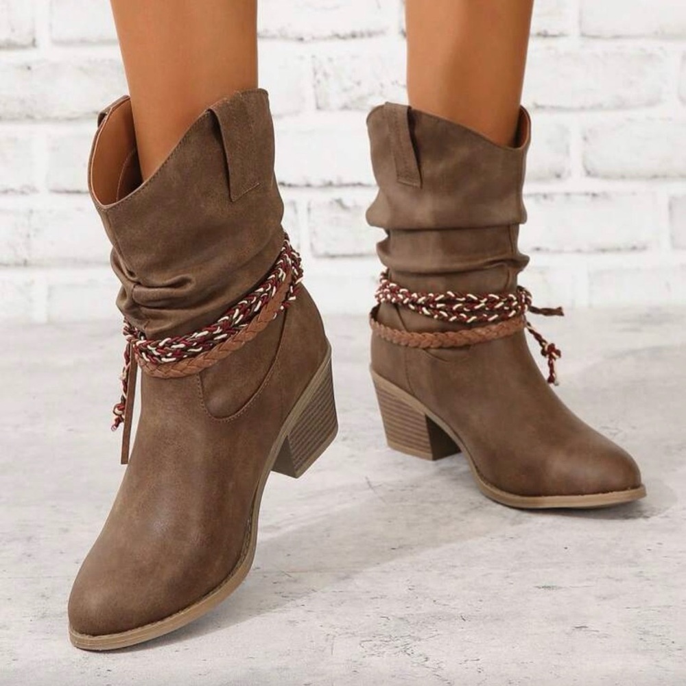 Brown Ankle Boots with Braided Detail - Picture 10 of 14